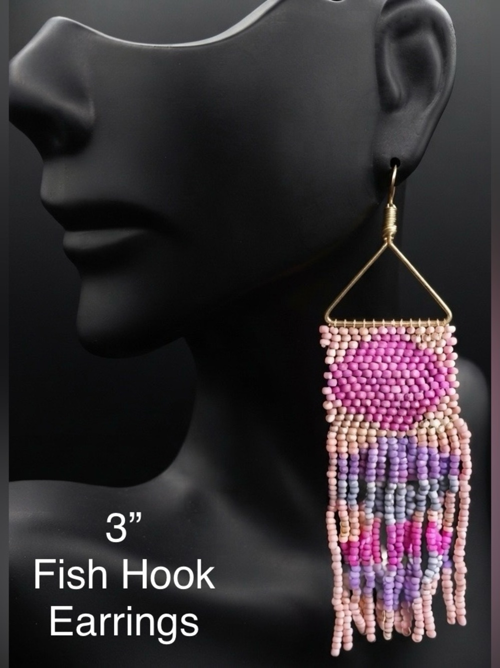 Pink Beaded Fringe Fish Hook Earrings with Gold Triangle Accent